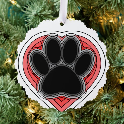 Dog Paw In Red Heart With Outlines Ornament Card