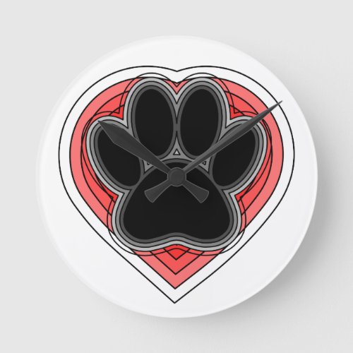 Dog Paw In Red Heart With Outlines Round Clock