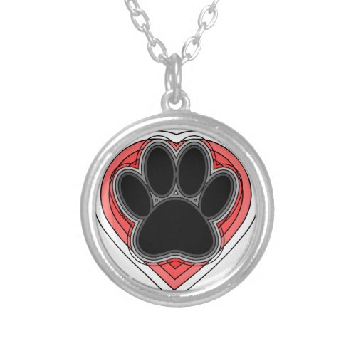 Dog Paw In Red Heart With Outlines Silver Plated Necklace