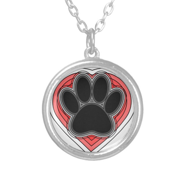 Dog Paw In Red Heart With Outlines Silver Plated Necklace (Front)