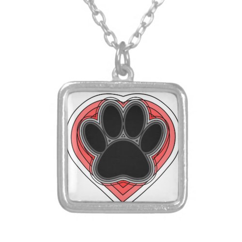Dog Paw In Red Heart With Outlines Silver Plated Necklace
