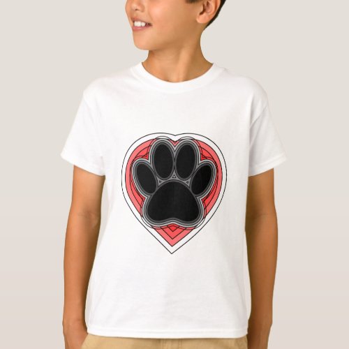Dog Paw In Red Heart With Outlines T_Shirt