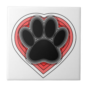 Dog Paw In Red Heart With Outlines Tile
