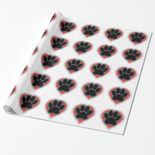 Dog Paw In Red Heart With Outlines Wrapping Paper