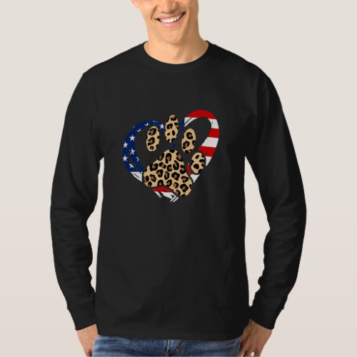 Dog Paw Leopard American Flag Heart Patriotic Dog  T_Shirt