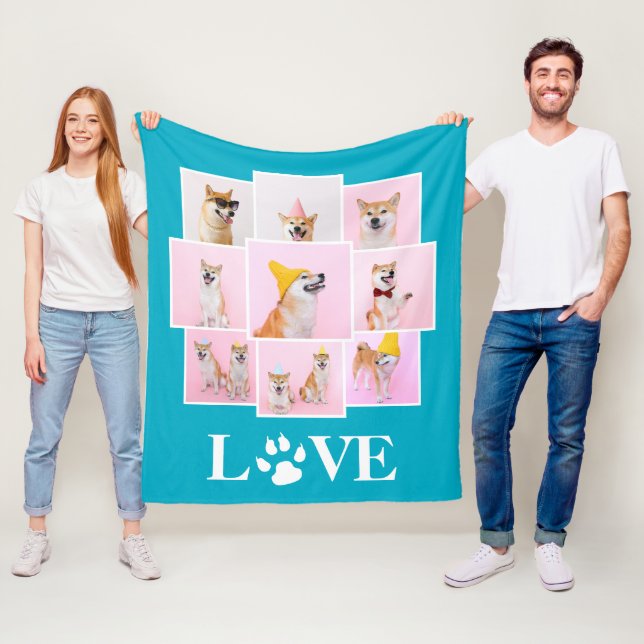 Dog Paw LOVE Personalized 9 Photo Collage Fleece Blanket (In Situ)