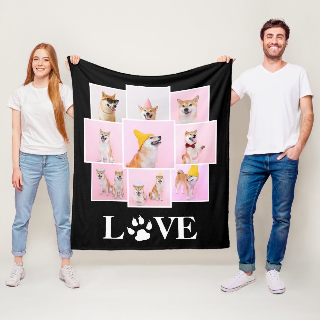 Dog Paw LOVE Personalized 9 Photo Collage Fleece Blanket (In Situ)