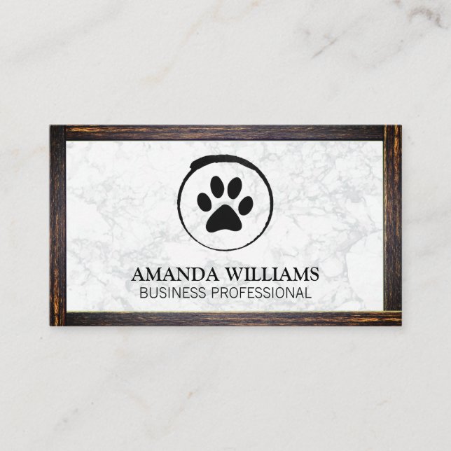 Dog Paw | Marble | Wood Border Business Card (Front)