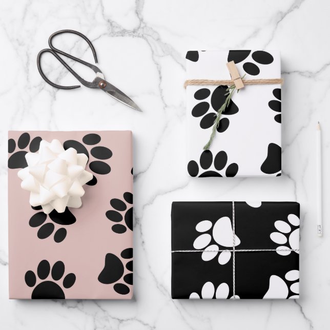 Dog Paw Pattern On Rose Gold Black And White Wrapping Paper Sheets (Front)