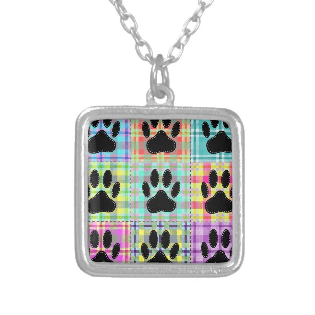 Dog Paw Pattern Quilt Silver Plated Necklace (Front)