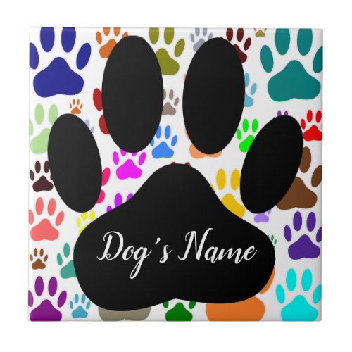 Dog Paw Pattern With Custom Name Ceramic Tile