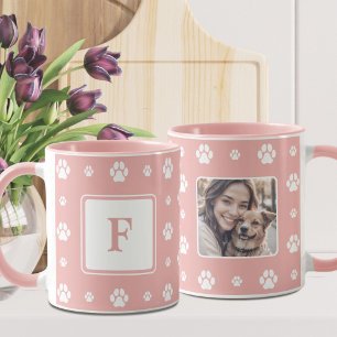 Dog Paw Pink White Monogram Photo  Mug