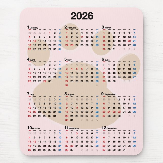 Dog Paw Print 2026 Calendar Mouse Pad (Front)