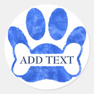 Dog Paw Print And Bone Blue Watercolor Editable Classic Round Sticker