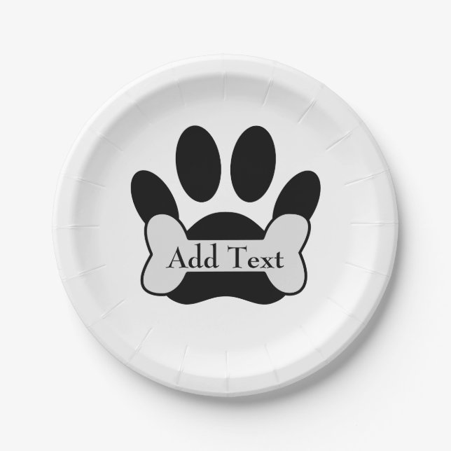Dog Paw Print And Bone Custom Text Paper Plates (Front)