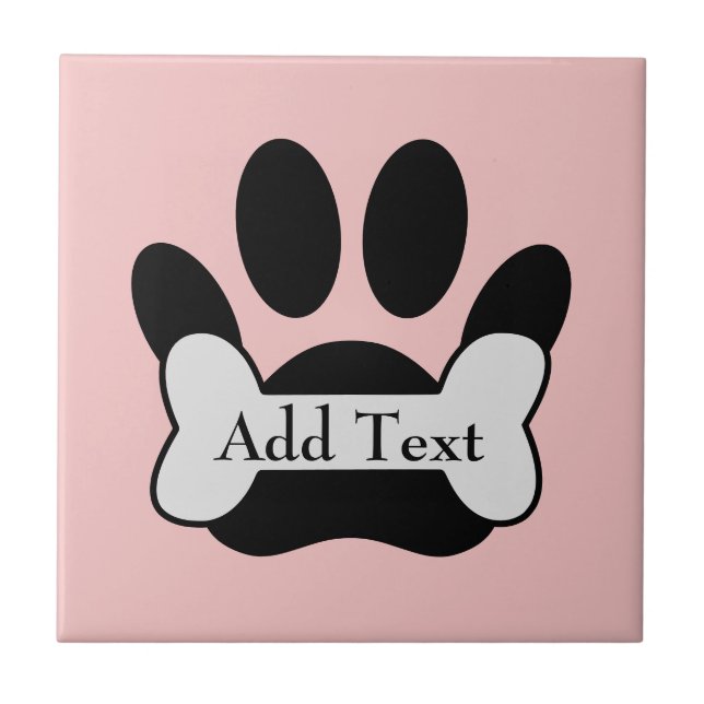 Dog Paw Print And Bone On Baby Pink Editable Ceramic Tile (Front)