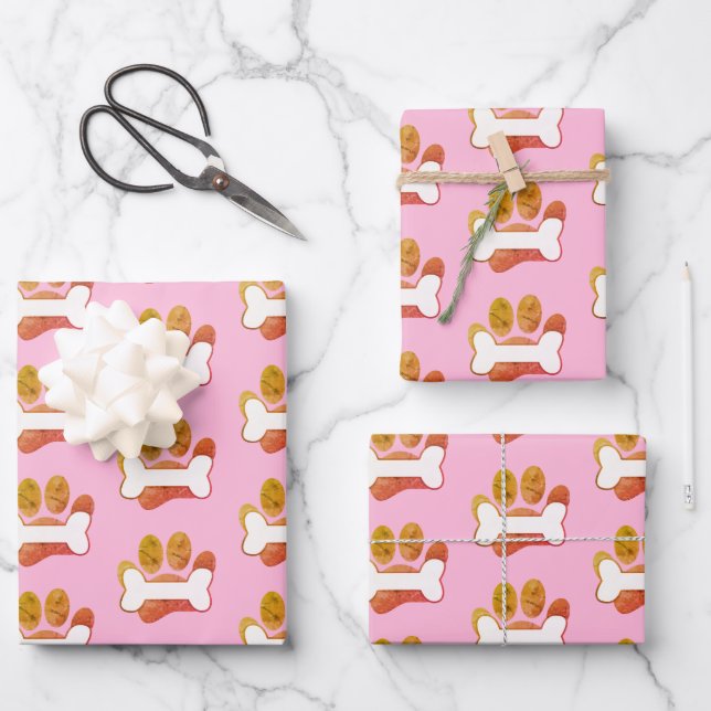 Dog Paw Print And Bone Pattern With Texture Wrapping Paper Sheets (Front)