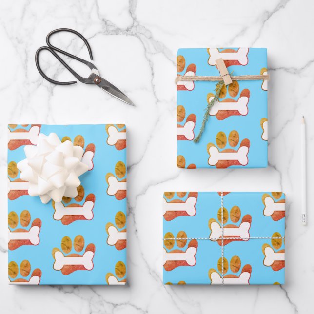 Dog Paw Print And Bone Pattern With Texture Wrapping Paper Sheets (Front)