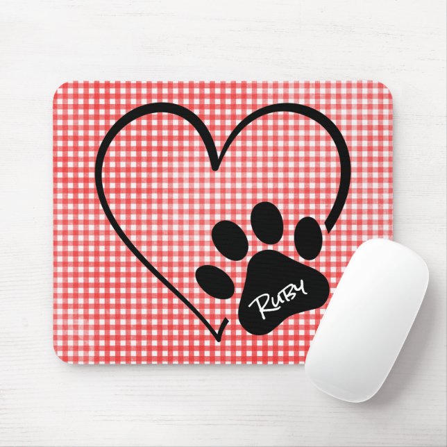 Dog Paw Print and Heart on Gingham Mouse Pad (With Mouse)