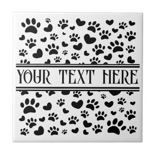 Dog Paw Print and Hearts With Custom Name Ceramic Tile