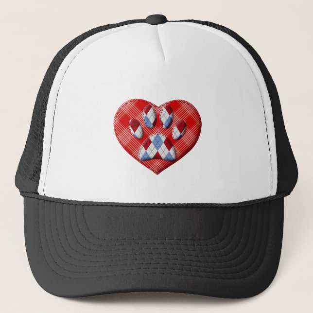 Dog Paw Print And Red Heart Drawing Trucker Hat (Front)