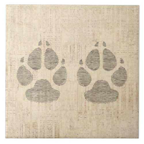 Dog Paw Print Art with Script Paper Background Ceramic Tile