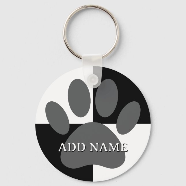 Dog Paw Print Black and White Custom Keychain (Front)