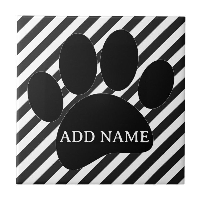 Dog Paw Print Black White Stripes Custom Name Ceramic Tile (Front)