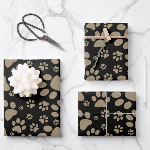 Dog Paw Print Brown and Black Wrapping Paper Sheets