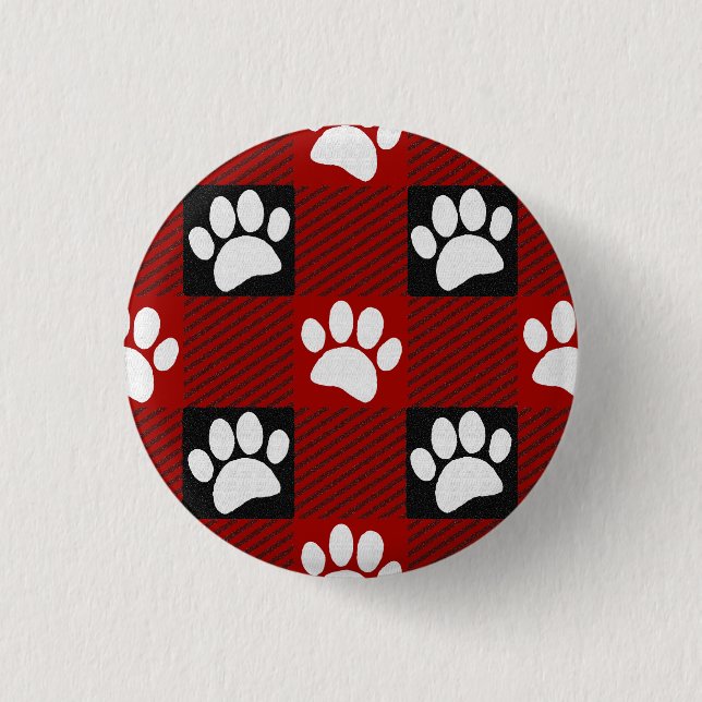 Dog Paw Print Buffalo Plaid In Black and Red Button (Front)