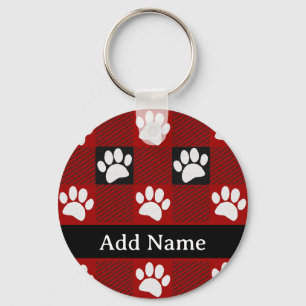 Dog Paw Print Buffalo Plaid In Black and Red Keychain