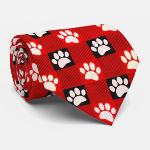 Dog Paw Print Buffalo Plaid In Black and Red Neck Tie