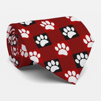 Dog Paw Print Buffalo Plaid In Black and Red Neck Tie