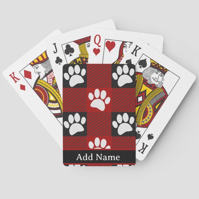 Dog Paw Print Buffalo Plaid In Black and Red Poker Cards (Back)