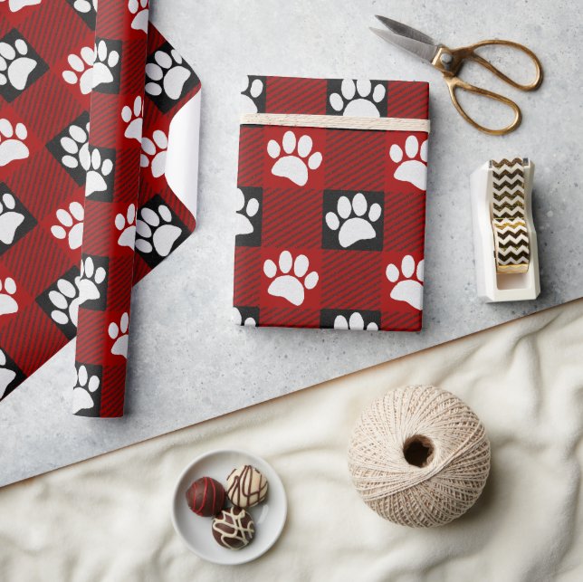 Dog Paw Print Buffalo Plaid In Black and Red Wrapping Paper (Crafts)