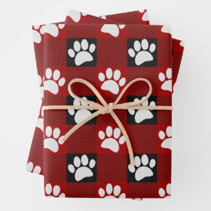Dog Paw Print Buffalo Plaid In Black and Red Wrapping Paper Sheets