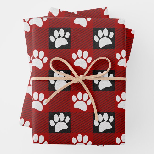 Dog Paw Print Buffalo Plaid In Black and Red Wrapping Paper Sheets (In situ)