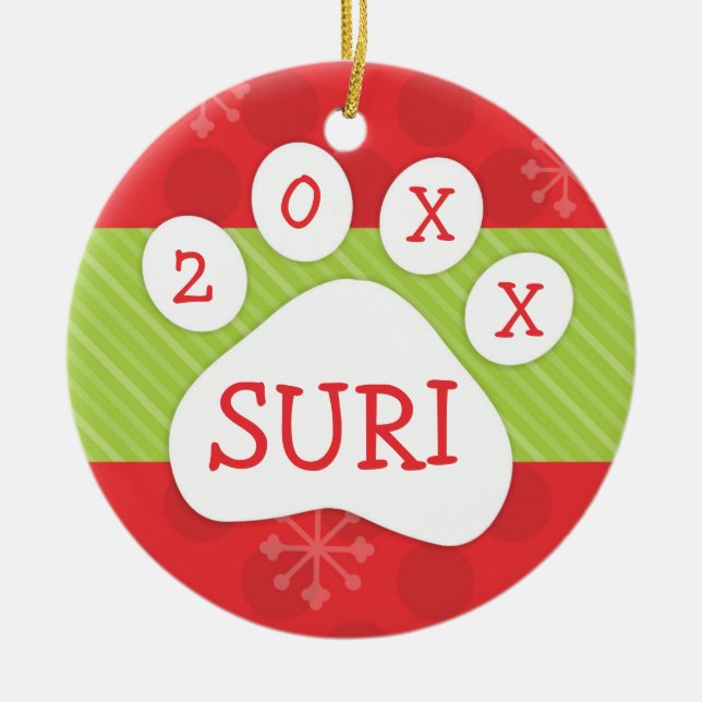 Dog Paw Print Christmas Red & Green Custom Year Ceramic Ornament (Front)