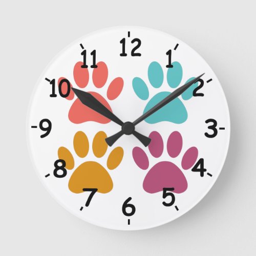 Dog Paw Print Cool Colors Round Clock