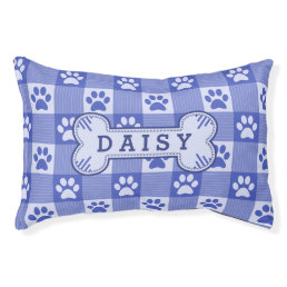 Dog Paw Print Gingham Cute Blue Personalized Bone Pet Bed