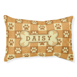 Dog Paw Print Gingham Cute Brown Personalized Bone Pet Bed