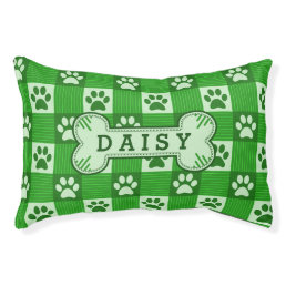 Dog Paw Print Gingham Cute Green Personalized Bone Pet Bed