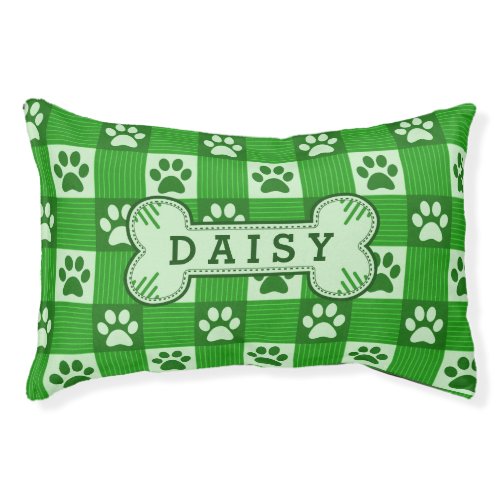 Dog Paw Print Gingham Cute Green Personalized Bone Pet Bed