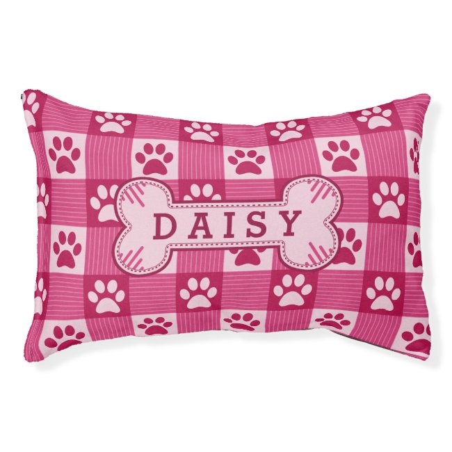 Dog Paw Print Gingham Cute Pink Personalized Bone Pet Bed