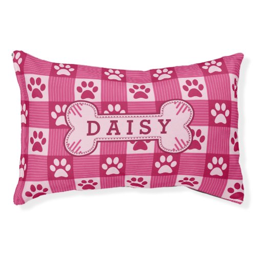 Dog Paw Print Gingham Cute Pink Personalized Bone Pet Bed