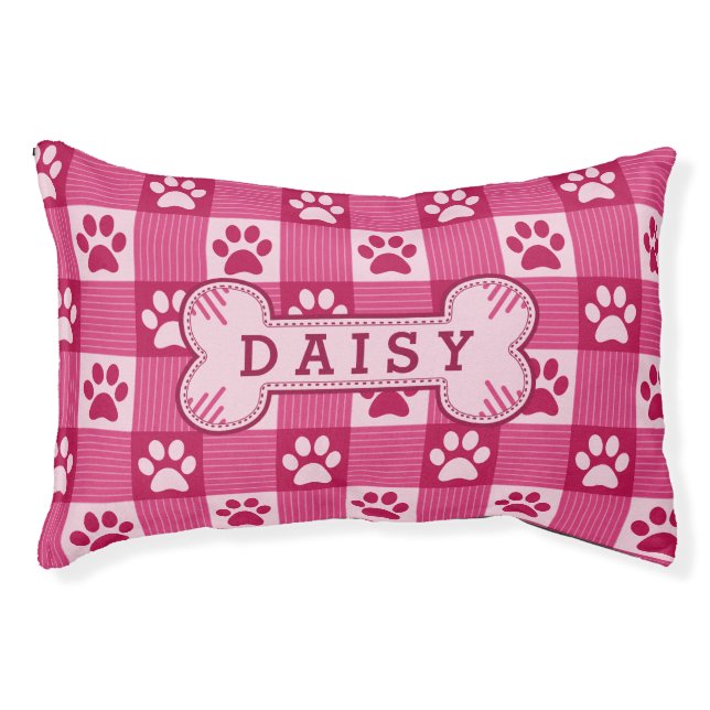 Dog Paw Print Gingham Cute Pink Personalized Bone Pet Bed (Front)