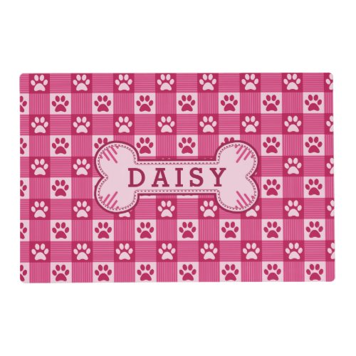 Dog Paw Print Gingham Cute Pink Personalized Bone Placemat