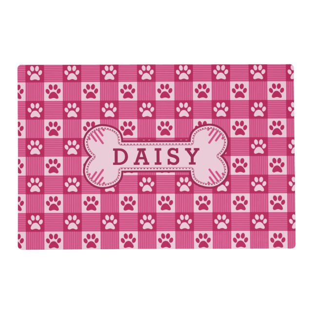 Dog Paw Print Gingham Cute Pink Personalized Bone Placemat (Front)