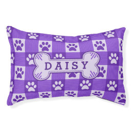 Dog Paw Print Gingham Cute Purple Bone Name Pet Bed