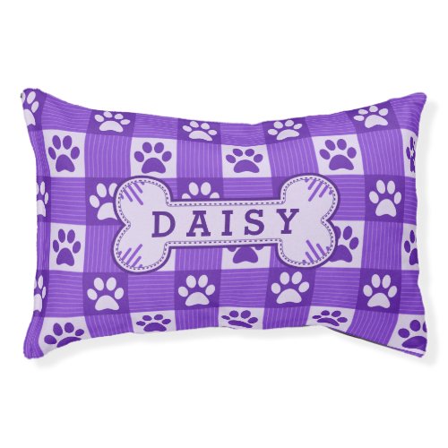 Dog Paw Print Gingham Cute Purple Bone Name Pet Bed